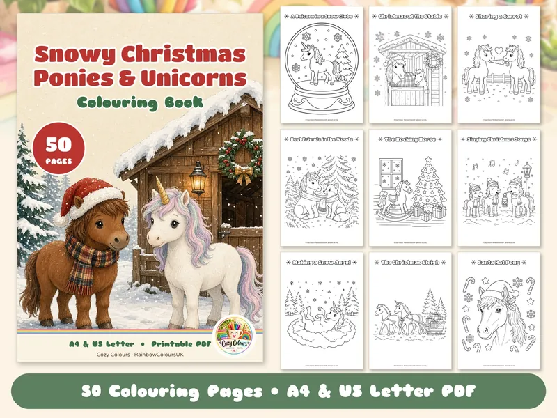 Snowy Christmas Ponies and Unicorns colouring book cover